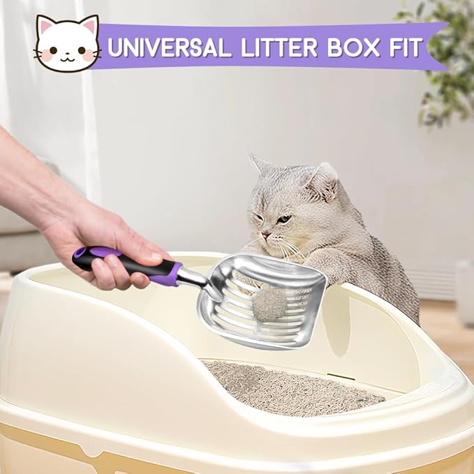 Cat Litter Scoop, Metal Cat Scooper, Rubber Handle Scoop, Sifting Shovel for Christmas â Heavy Duty Aluminum Alloy Litter Box Scoop with Deep Mesh, Design for Easy Waste Removal and Cleaning(Purple)