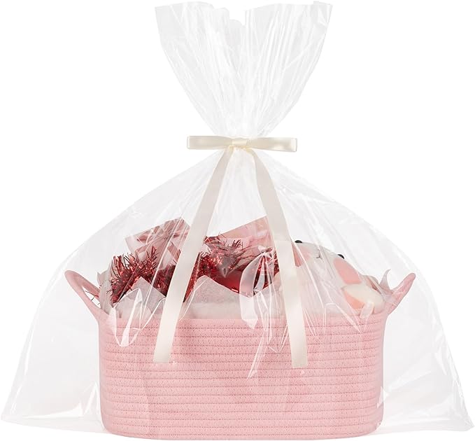 OIASKET Basket for Gifts Empty, Woven Storage Basket with Gift Bag, Ribbon and Wrap Tissue Paper, Small Rope Toy Storage with Handles for Baby Shower, Dog Toy Organizer, 13.6" x 10" x 5.9”, Pink