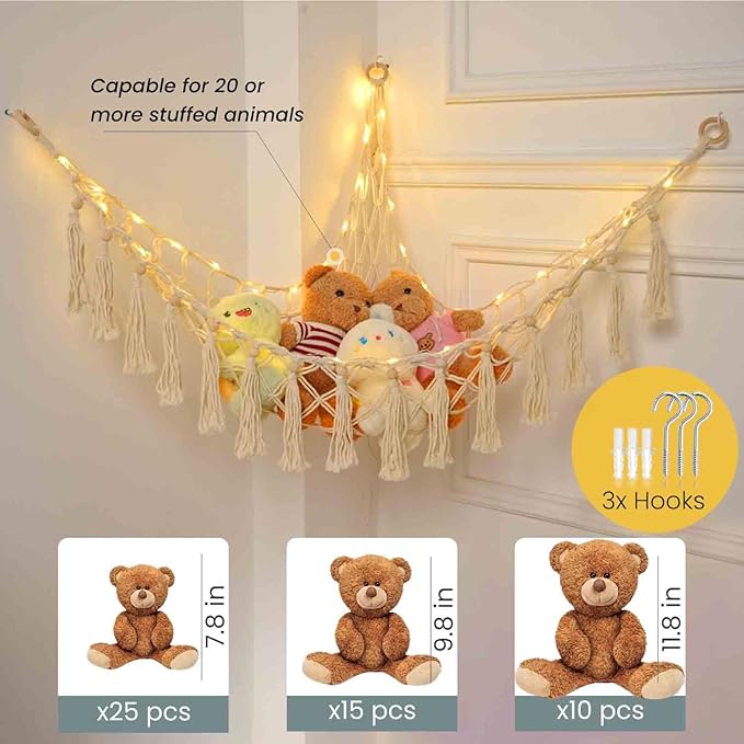 Stuffed Animal Hammock with 75LEDs, Extra Large 55in Toy Storage Macrame Hammock, Hanging Toy Net for Kids Bedroom Doll Room Corner Organizer, USB Plush Toy Hammock with Remote(XL)