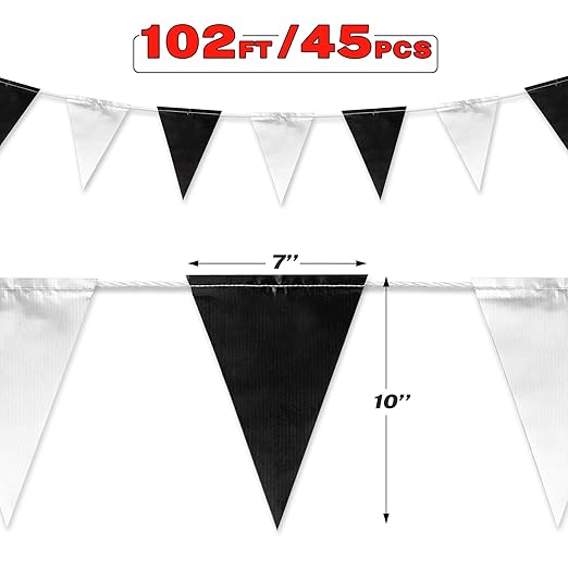 Black & White Pennant Banner Flags | Heavy-Duty Outdoor | OSHA 500lb Rated | Strand Fade Resistant 【102FT】