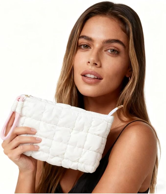 Puffy Quilted Makeup Bag Cosmetic Bag Equipped with a Detachable Handle Cute Zipper Pouch for Storage Clutch for Women(White)