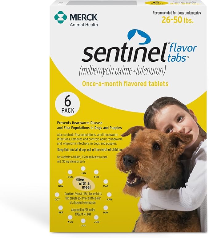 Sentinel Flavor Tabs for Dogs, 26-50 lbs, 6 Chewable Tablets, 6-month supply, Yellow Box