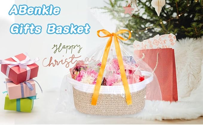 ABenkle Small Basket with Gift Bags and Ribbons, Empty Gift Baskets for Mother's Day, Decorative Boho Rope Woven Nursery Storage Organizer Toy Baskets with Handle for Baby Showers, 12"X 8" X 5"