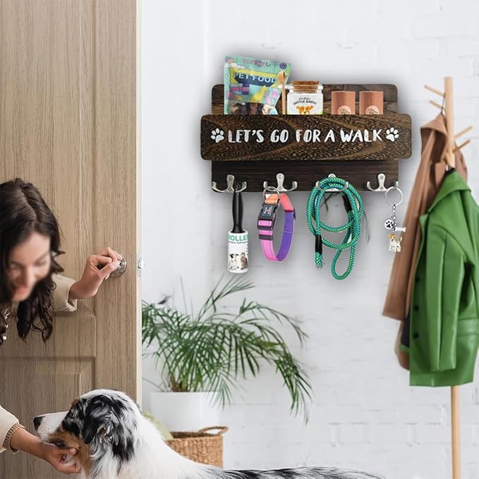 Wood Dog Leash Holder for Wall, Key Hangers with 4 Double Key Hooks, Dog Leash Hanger Wall Mounted for Entryway, Farmhouse Treats,30cm, Brown