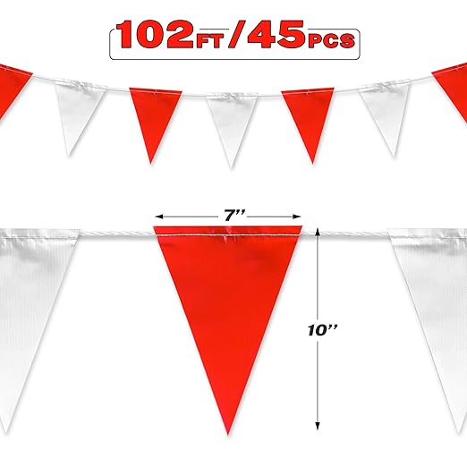 Pennant Banner Flags | OSHA 500lb Rated | Strand Fade Resistant (Red & White,102FT)