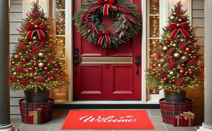 T.HENV Welcome Mat - Outdoor, 36x24 Waterproof All-Season Door Mat, All-Weather Quick Drying, Low Profile, Red-White