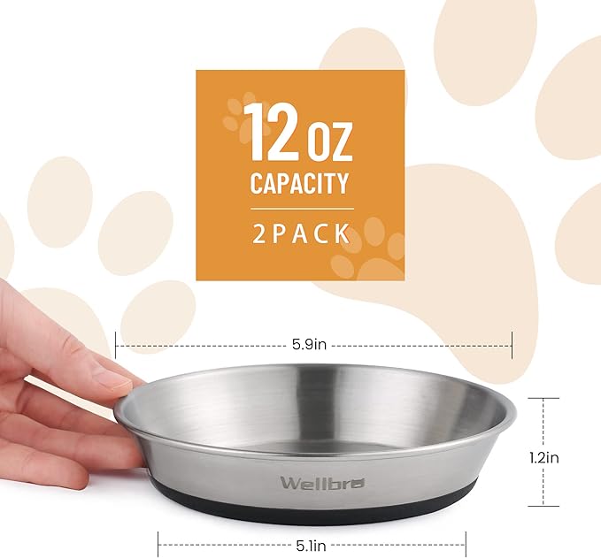 Wellbro Cat Bowls, 6 Pcs Stainless Steel Bowls for Food and Water, Whisker Fatigue Shallow Non-Slip Cat Dishes Plates for Small Dog Puppies Cats