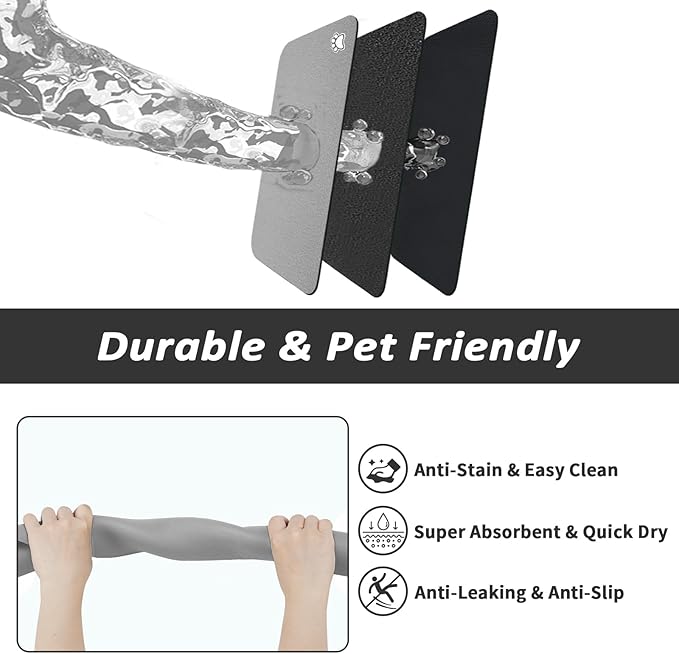 Dog Food Mat - Absorbent Cat Mat for Food and Water, No Stains Pet Feeding Bowl Mat, Easy to Clean Pet Placemats, Quick Dry Dog Water Dispenser Mat for Messy Drinkers | Paw Grey 18"x 28"