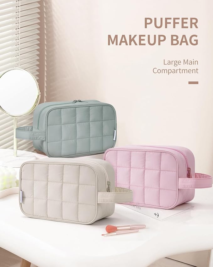 Narwey Puffy Travel Toiletry Bag for Traveling Women Girl, Travel Bag for Toiletries, Cute Travel Makeup Bag Organizer, Quilted Cosmetic Bag Make Up Skincare Medicine Bags