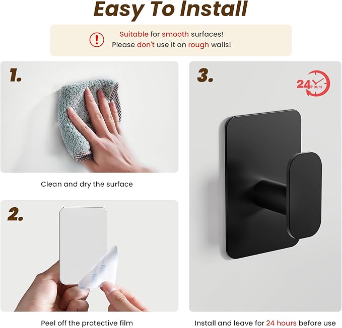 Heavy Duty Self Adhesive Hooks - 26lb Max, Sticky Wall Hooks Stainless Steel for Hanging Towel, Coat, Robe, Waterproof & Rustproof Hooks Stick on Bathroom, Shower, Kitchen (Black, 4 Pack)