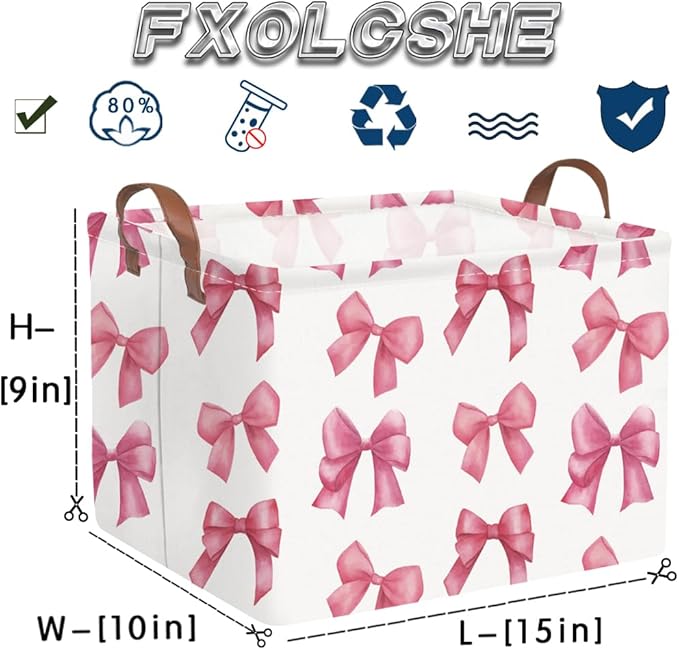FXOCSHE Rectangular Pink Girls basket,Delicate pink bow girls nursery laundry basket,Pink Laundry Hamper,kids waterproof collapsible canvas basket,Toy bins,Girls Room decor(Bowknots)