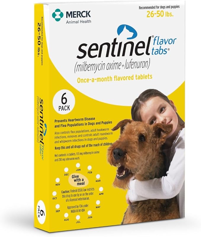 Sentinel Flavor Tabs for Dogs, 26-50 lbs, 6 Chewable Tablets, 6-month supply, Yellow Box