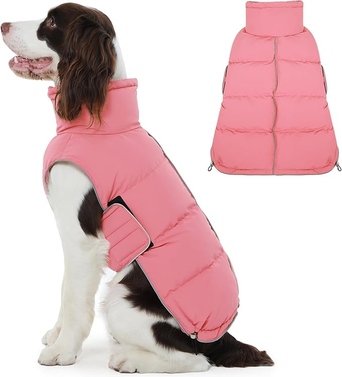 FUAMEY Dog Puffer Jacket for Large Dogs,Dog Cold Weather Coats Winter Dogs Down Jackets Waterproof Pet Snowsuits Warm Puppy Winter Vest Turtleneck Pets Adjustable Jackets Coats Pink XXL
