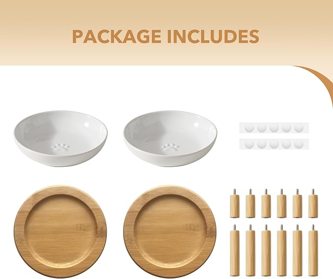 2 Sets of Elevated Ceramic Paw Print Cat Dish, Wide Whisker Friendly Anti-Slip Food & Water Bowl with 2 Heights Adjustable Stands - Pet Bowl Set for Cats (2 Dishes +2 Stands, White)
