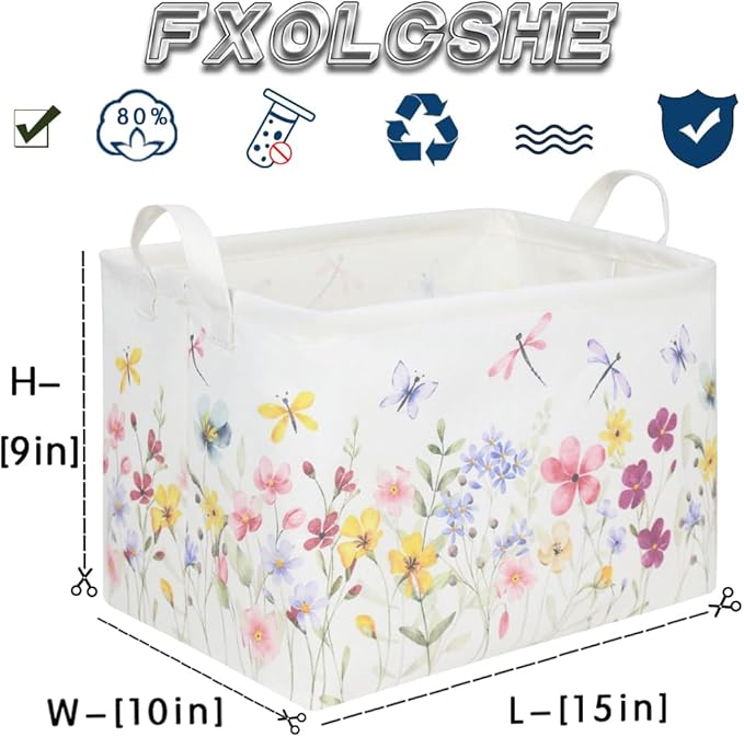 FXOCSHE Boho Flower Nursery Basket,Waterproof collapsible storage box,Fall Wildflower Floral Dandelion Storage Bin,Plant Butterfly baby girl gift basket,Girls Bedroom Boho Flower Decor(Dandelion)