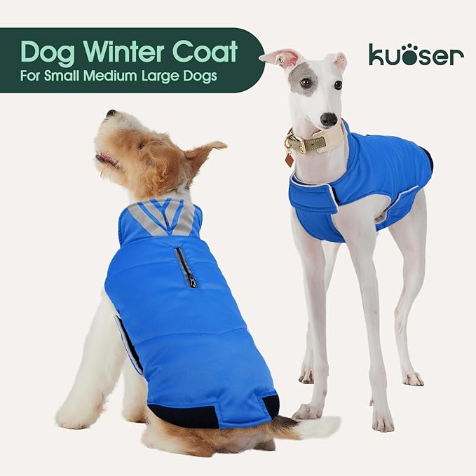 Kuoser Dog Winter Coat Cold Weather Reflective Waterproof Dogs Jacket, Warm Fleece Lined Turtleneck Doggy Vest with Zipper, Dog Snow Jacket Pet Apparel for Small Medium Large Dogs, Blue XS