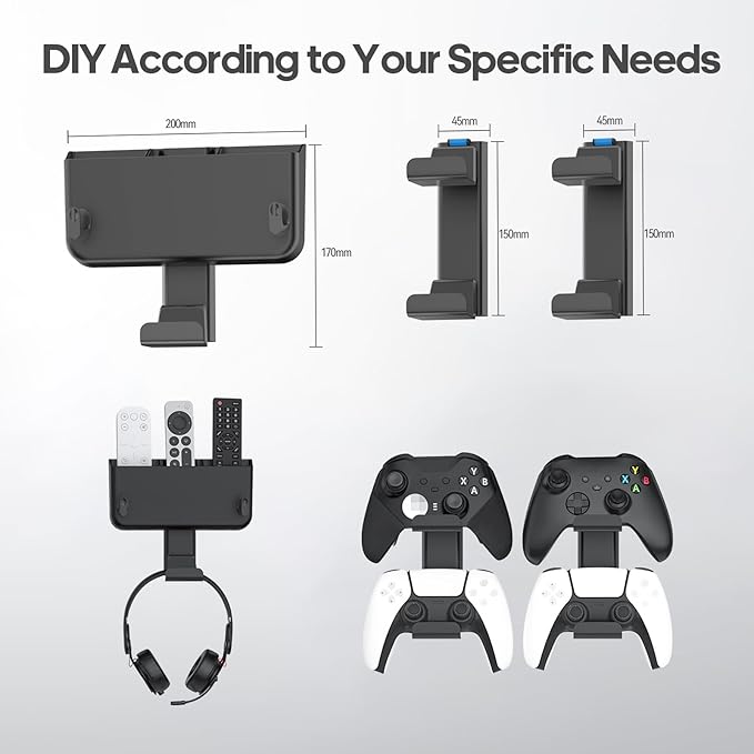 Controller & Headset & Remote Holder Wall Mount with No Drill, 4 Packs Gaming 8 Controllers Hanger Hook Mount for PS5/PS4/XBOX/Switch, Headphone Stand & Remote Control Holer Wall Shelf with Adhesives