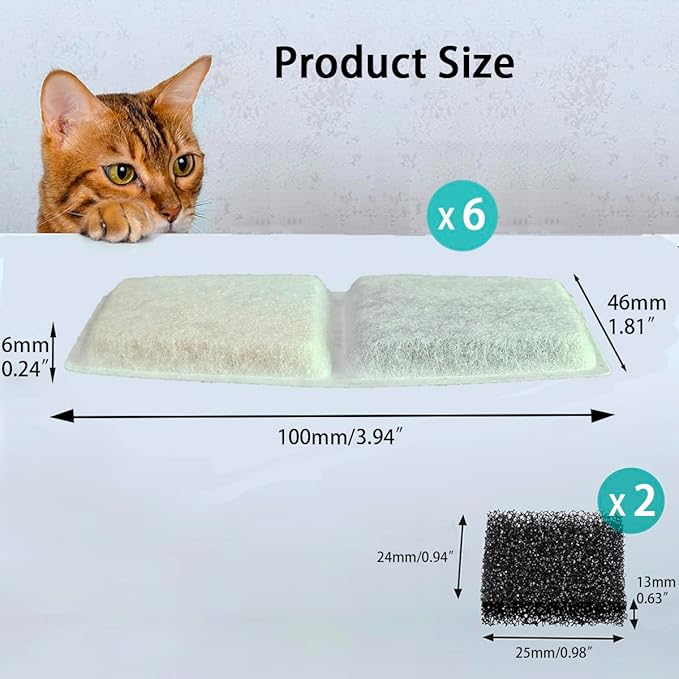 3.2L Cat Water Fountain Filters for Drinking (6 Filters & 2 Sponges)