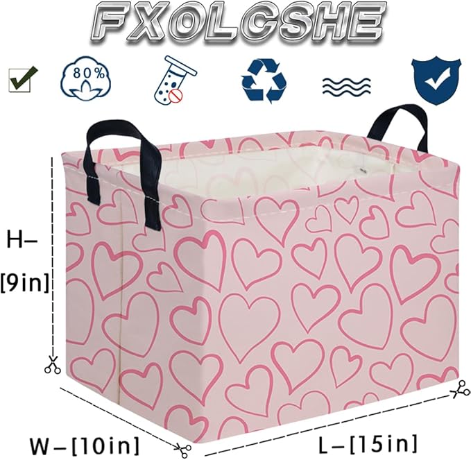 FXOCSHE Rectangular Pink Valentine's Day Gift Basket,nursery basket,Pink girls gift baskets,kids toy storage Bin, Love Heart Room Decor for Home,Shelf Baskets(Happy Love)