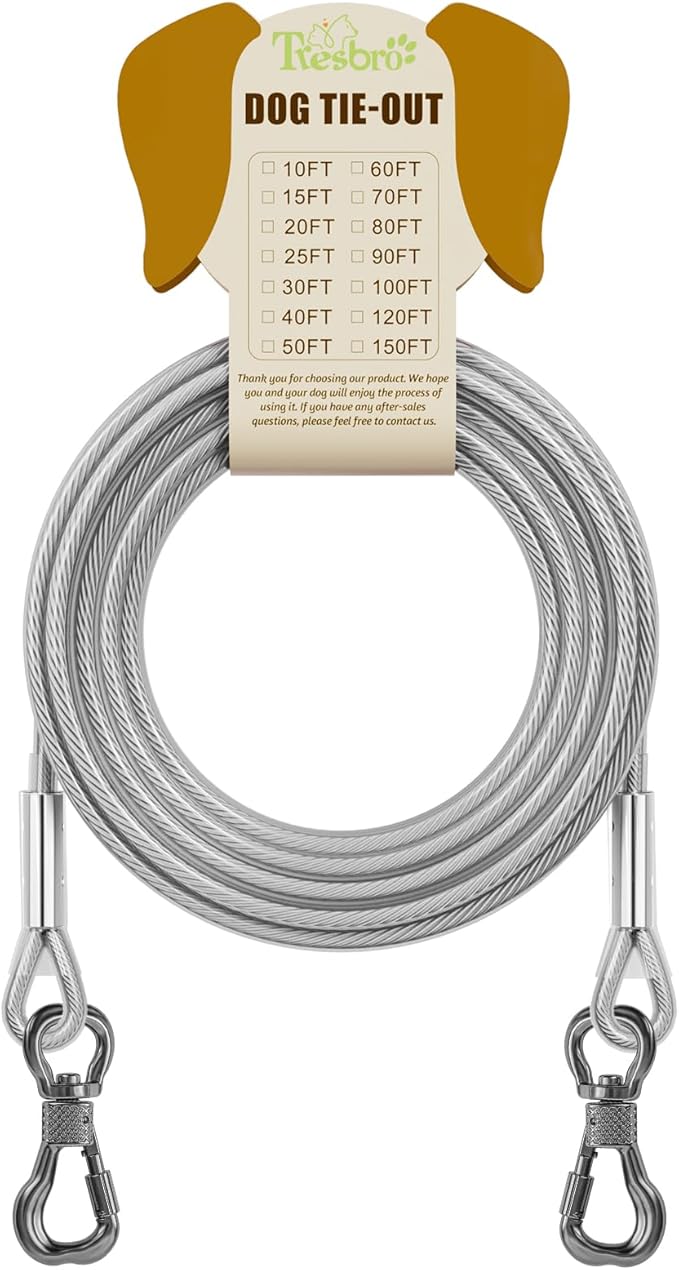 Tresbro 100FT Reflective Tie Out Cable for Dogs Up to 250 Pounds, Steel Wire Lead Leash Cable with Stainless Dual Fix Buckle, Lightweight and Enduring, Outdoor Dog Chains for Outside,Yard,Camping