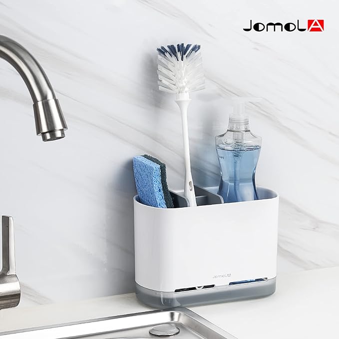 JOMOLA Dish Brush Caddy for Kitchen Sink Toothbrush Holders for Bathrooms Sink Sponge Holder Kitchen Counter Scrub Soap Brush Organizer Sinkware Caddy with Drain Tray Dividers (Gray)