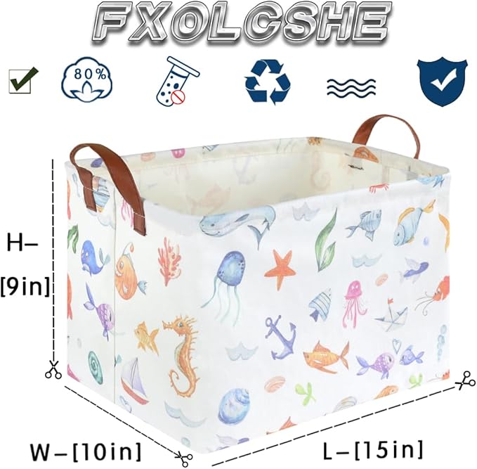FXOCSHE Rectangle Fish Basket,Ocean Animals Waterproof Kids foldable Laundry Basket,Nursery Hamper,Boys and Girls Hamper,kids Room decor, kids toy organizer,Gift basket(Ocean Animals)