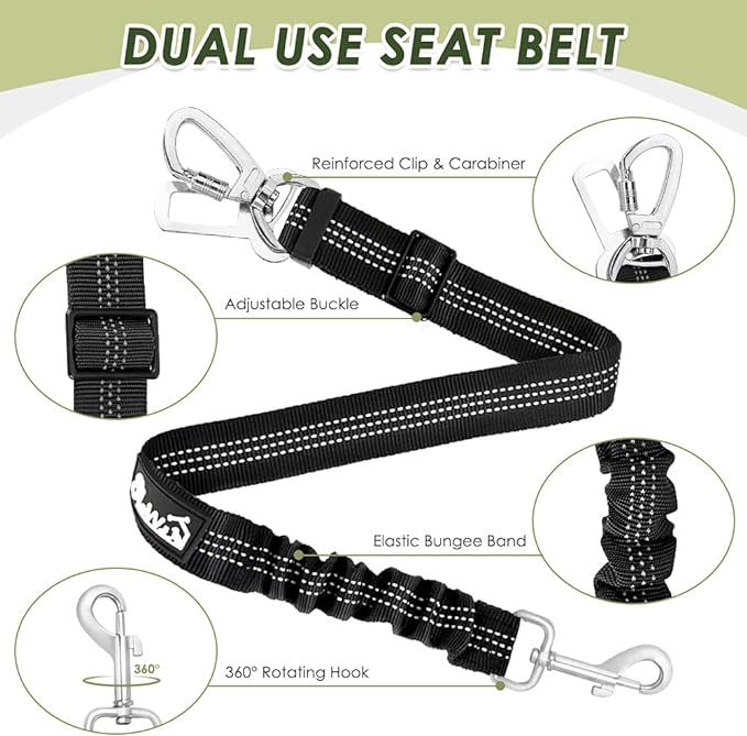 SlowTon Dog Seat Belt Harness for Car, Dog Car Harness Adjustable Mesh Breathable & Dog Seatbelt Safety Tether with Elastic Bungee for Small Medium Large Pets(Black, Double Clip, XS)