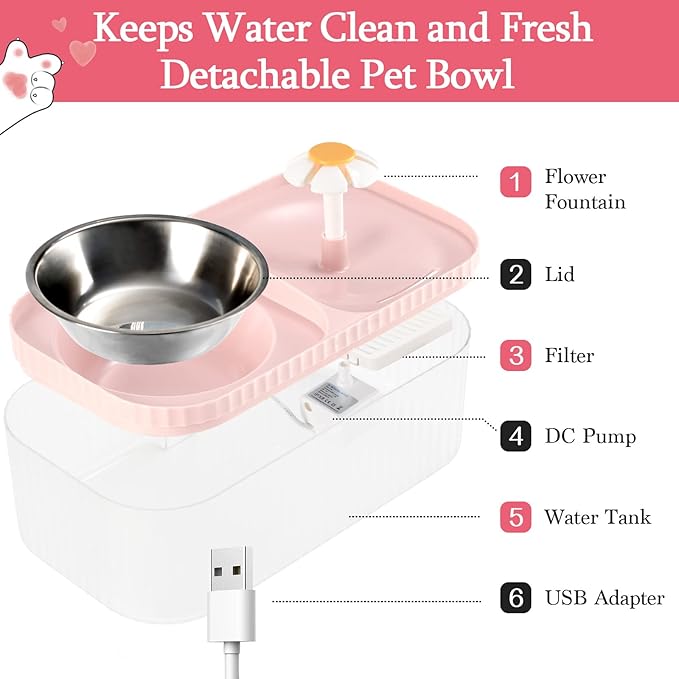 TODDLT Cat Water Fountain, Ultra Silent Pet Fountain 100oz/3L with Cat Bowl, Automatic Dog Water Dispenser with Smart Pump for Cats, Small to Medium Dogs
