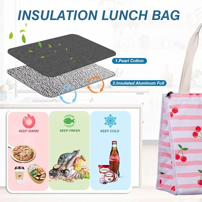iknoe Insulated Lunch Bag for Women & Adults, 9L Foldable Wide-Open Cooler Bag with Pockets, Leakproof & Portable, for Picnic, Office, Beach(Cherry)