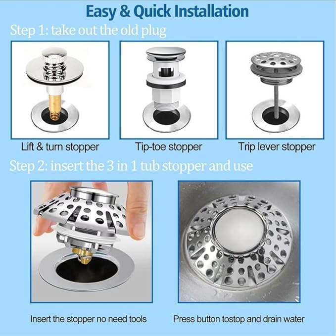 3-in-1 Bathtub Drain Stopper with Hair Catcher – Universal Tub Drain Plug for 1-3/8" to 2" Holes, Pop-Up Tub Stopper for Bathroom Sink, Anti-Clog Shower Strainer by PROFECTUS