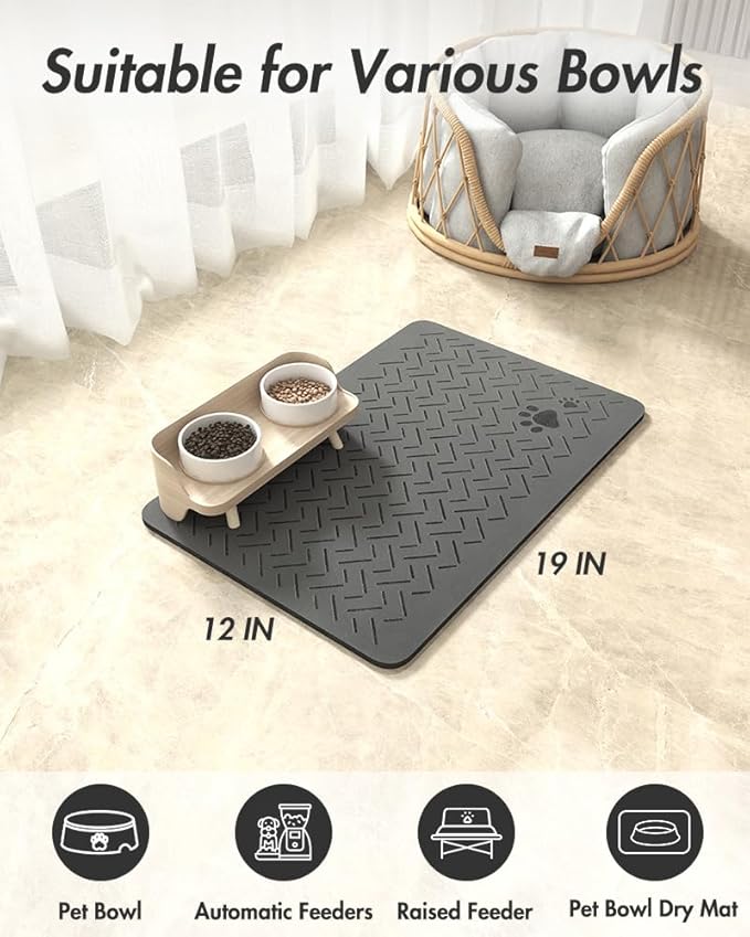 MontVoo-Absorbent Pet Feeding Mat-No Stains Quick Dry Dog Mat for Food and Water Bowl-Rubber Backing Dispenser Mat Accessories Supplies-Dog Bowl Messy Drinkers,(Dark Grey,12"x19")