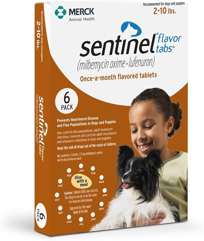 Sentinel Flavor Tabs for Dogs, 2-10 lbs, 6 Chewable Tablets, 6-month supply, Brown Box