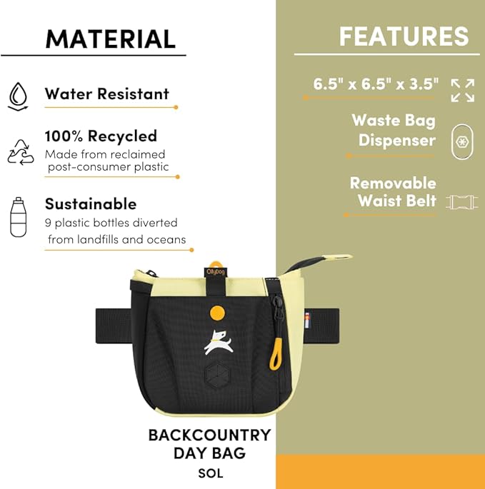 OllyDog Backcountry Day Bag | Hands-Free Dog Training Treat Pouch | Fanny/Hip Pack with Zipper Closure & Built-in Poop Bag Dispenser | Removable Waist Clip (Sol)