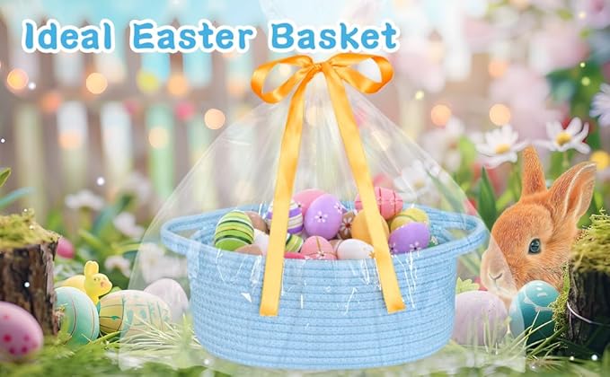 ABenkle Small Basket with Gift Bags and Ribbons, Empty Gift Baskets for Mother's Day, Decorative Boho Rope Woven Nursery Storage Organizer Toy Baskets with Handle for Baby Showers, 12"X 8" X 5"