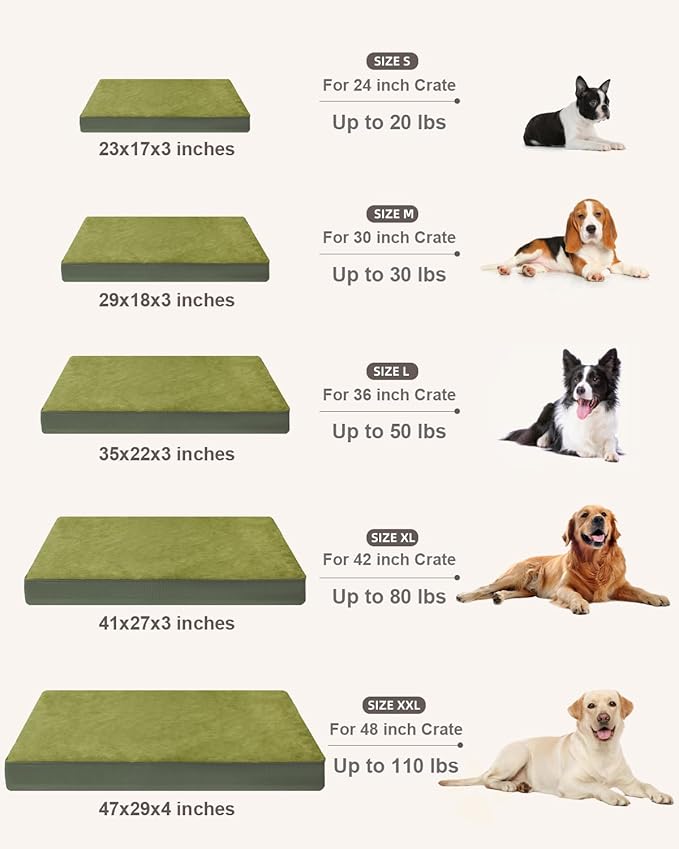 KSIIA Orthopedic Dog Bed Crate Waterproof Pet Mats for Large Dogs Deluxe Plush Washable Pet Bed with Egg Crate Foam & Removable Cover, 35 x 22 Inch, Green