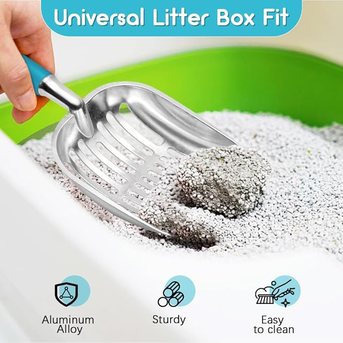 Cat Litter Scoop, Metal Cat Scooper, Plastic Handle Scoop, Sifting Shovel of Christmasâ Heavy Duty Aluminum Alloy Litter Box Scoop with Deep Mesh, Design for Easy Waste Removal and Cleaning(Lake Blue)