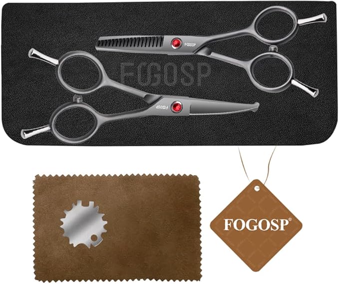 FOGOSP 4.5" Dog Grooming Scissors - 2pcs Curved Scissors & Thinning Shears for Small Dog, Cat Face & Paws - Japan 440C (2Kit)