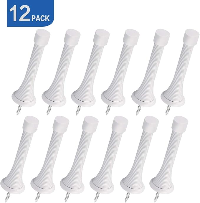 HOMOTEK 12 Pack Spring Door Stops,3-1/8” Heavy Duty Door Stop - Flexible Spring Door Stopper with Low Mounted White Rubber Bumper Tips, White