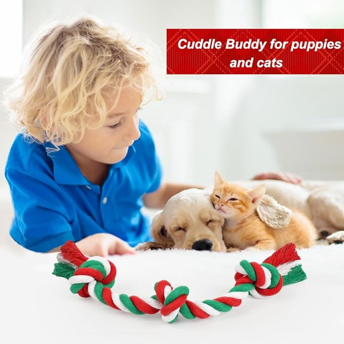 SZEE Dog Rope Toy, 14 in 3 Knots Christmas Dog Chew Toys for Medium and Small Dogs, Natural Cotton Pull Toy for Tug of War and Teeth Cleaning (Red & Green)