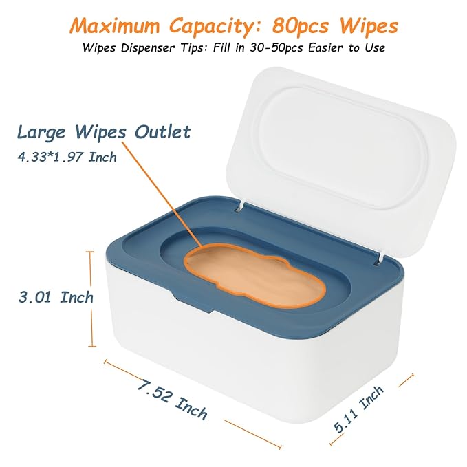 Wipes Dispenser, Wipe Holder for Baby & Adult, Seposeve Refillable Wipe Container, Keeps Wipes Fresh, One-Handed Operation. Non-Slip, Easy Open/Close Wipes Pouch Case, Blue
