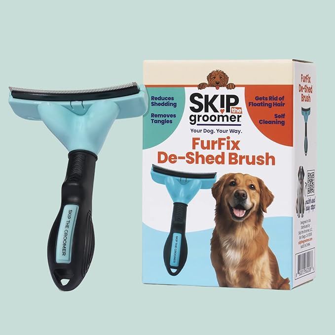 Skip The Groomer FurFix De-Shed Brush for Dogs, Stainless-Steel Deshedding Tool for Loose Fur & Undercoat Removal, Curved Edge Design, Ergonomic Non-Slip Handle, Quick-Clean Release