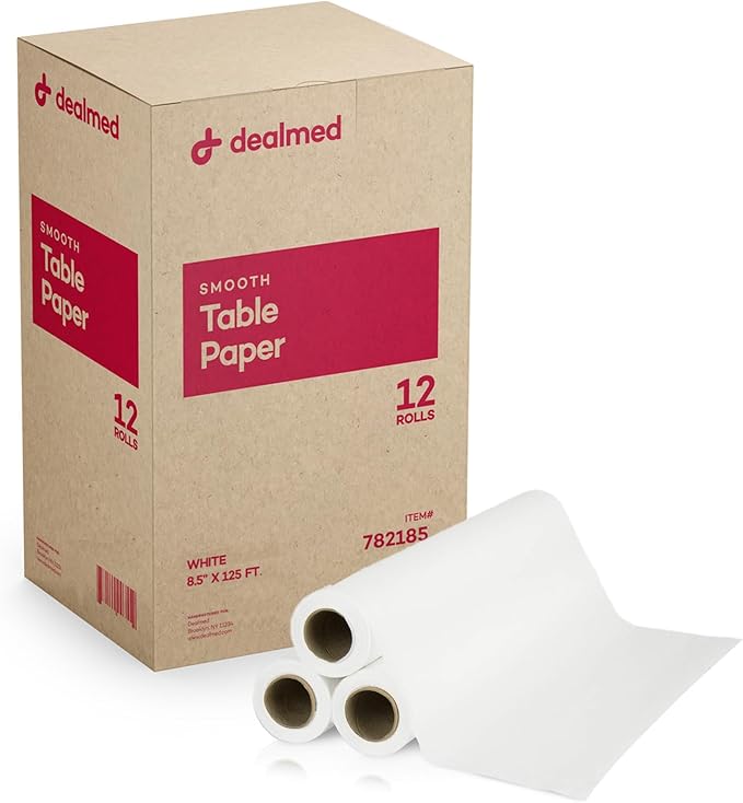 Dealmed Headrest Paper Roll | Disposable Covers for Dentists, Diaper Changing, Waxing, Chiropractor, Tracing, Drawing, Coloring | Smooth, White, 8.5" x 125', 12 Rolls/Case