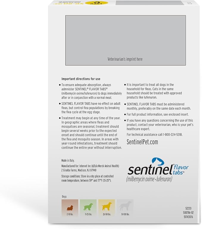 Sentinel Flavor Tabs for Dogs, 26-50 lbs, 6 Chewable Tablets, 6-month supply, Yellow Box