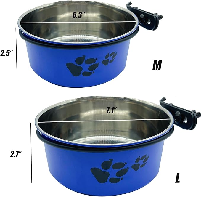 Dog Crate Food and Water Bowl 2Pcs Small Pet Hanging Kennel Removable Dish Feeding Cup with Holder No Spill for Medium Large Size Puppy Cat (Blue, 6.3''X2.5''&7.1‘’X2.7'')