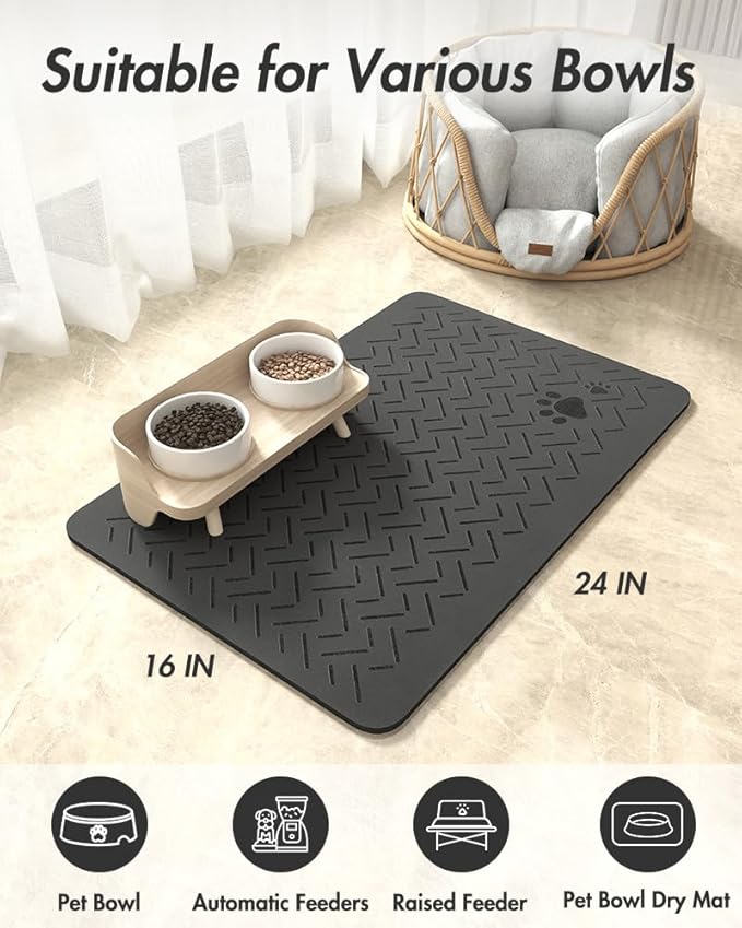 MontVoo-Absorbent Pet Feeding Mat-No Stains Quick Dry Dog Mat for Food and Water Bowl-Rubber Backing Dispenser Mat Accessories Supplies-Dog Bowl Messy Drinkers,(Dark Grey,16"x24")