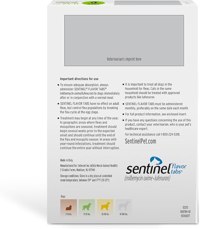 Sentinel Flavor Tabs for Dogs, 11-25 lbs, 6 Chewable Tablets, 6-month supply, Green Box