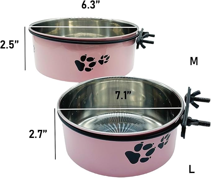 Dog Crate Food and Water Bowl 2Pcs Small Pet Hanging Kennel Removable Dish Feeding Cup with Holder for Medium Large Size Puppy Cat (Pink, 6.3''X2.5''&7.1‘’X2.7'')