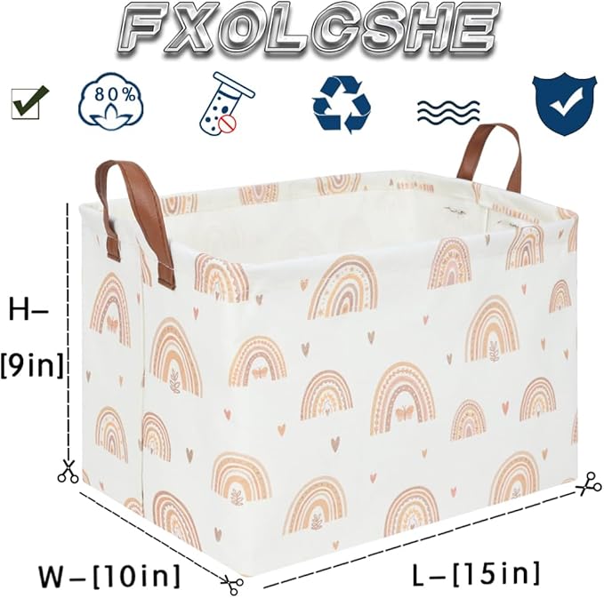 FXOCSHE Boho Rainbow Baskets Rectangular,girl basket,Waterproof foldable canvas laundry basket,Nursery hamper,Room Decor,Shelf Basket(Rainbows)
