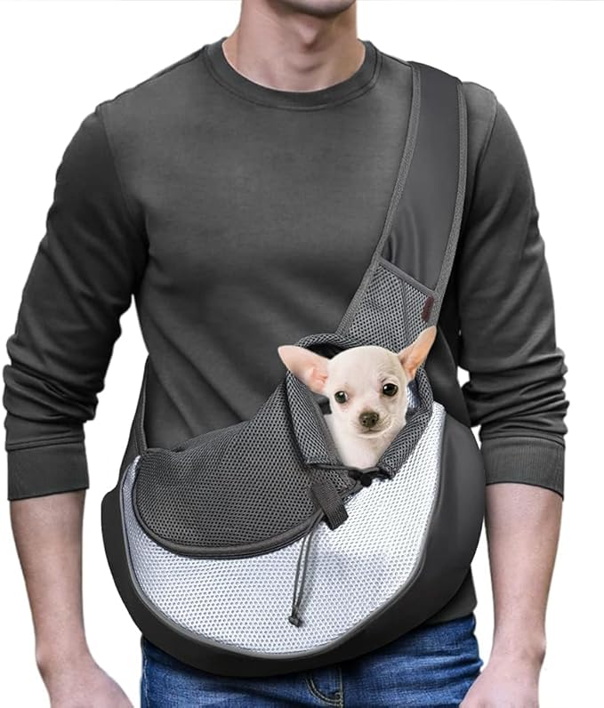 YUDODO Pet Sling Carrier for 5-9 lbs Small Dogs & Cats – Hands-Free Puppy Carrier with Safety Hook, Large Zipper Pocket, Soft Breathable Mesh, Adjustable Strap & Reflective Strip (Gray 1.0 M)