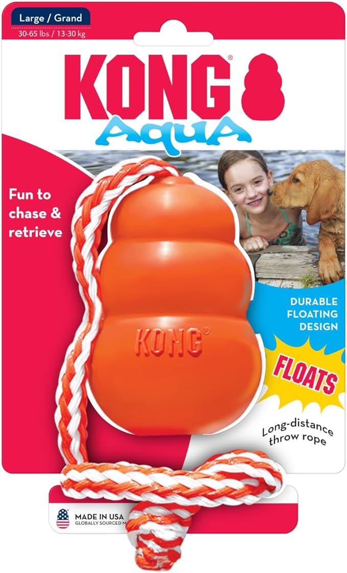 KONG Aqua Floating Fetch Toy - Dog Floating Toy for Water Retrieval, Play, Exercise & More - Natural Rubber Dog Toy with Foam Interior & Rope for Farther Throwing - Orange, for Large Dogs